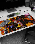 40x20 inches anime desk pad featuring Gundam Deathscythe vs Gundam Heavyarms, sparks flying mid-impact.