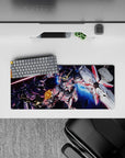 28x12 inches anime mouse pad in steel gray and deep-space blue with neon pink lines and flying sparks.