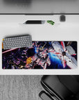 32x12 inches anime mouse pad in steel gray with neon pink lines, deep-space blues, sparks.