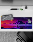 Intense 32x12 deskmat features glowing skies, jagged peaks, and alien horizons with intricate cosmic details for fans of surreal artistry