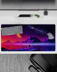 Dynamic 32x16 deskmat combines deep purples, glowing accents, and sharp lines for visually striking yet calming visuals