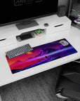 Small but impactful 32x12 deskmat showcases interstellar wonder with striking purple-and-glow contrasts and elegant simplicity
