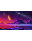 Cosmic Horizon Deskmat 40x20 featuring vibrant purples, glowing skies, and jagged mountains for a surreal cosmic aesthetic