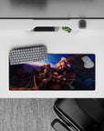 Violet-and-gold sunset anime mouse pad 28x12 inches, warm road-trip vibe with glowing horizon.