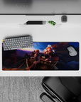 32x12 inches anime mouse pad in violet and gold sunset tones, cozy road-trip vibe, smooth tracking.