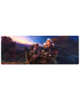 32x12 inches anime mouse pad with sunset wagon travel scene, fox-eared girl, traveler, and fruit basket.