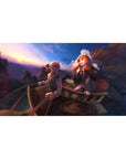 Anime desk pad 40x20 inches with traveler and fox-eared girl on a wagon at sunset, fruit basket detail.