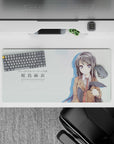 32x16 inches cute flirty mouse pad in mint white and warm brown tones, crisp lines, smooth desk mat feel.