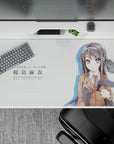 Mint white anime desk pad 40x20 inches with inky hair, violet eyes, calm cute flirty vibe.