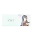 28x12 inches anime girl mouse pad with mint white background, violet eyes, blazer and red tie, bunny ears.