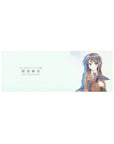 32x12 inches anime girl mouse pad with mint-white backdrop, blazer uniform, violet eyes, and bunny ears in hand.
