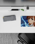 Anime mouse pad 14x10 inches in deep midnight tones with electric blue sparks, warm hair browns, sweet bright eyes.