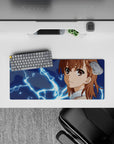 Anime girl mouse pad 28x12 inches in midnight tones with neon-blue sparks, vivid anime desk mat.