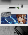 32x12 inches extended mouse pad in deep midnight tones with electric neon-blue sparks and warm brown hair accents.