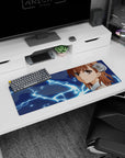 32x12 inches Mikoto Misaka Railgun mouse pad, calm smirk with crackling blue electricity on a dark backdrop.
