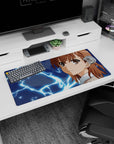 32x16 inches Mikoto Misaka Railgun mouse pad, calm smirk and blue lightning storm scene on desk mat.