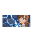 Anime girl mouse pad 28x12 inches with neon lightning, Mikoto Misaka smirk, smooth desk mat.