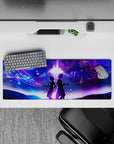 32x12 inches anime mouse pad in neon blues and magenta clouds, dreamy romantic cosmic vibe with starry depth.