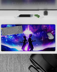32x16 inches anime mouse pad in neon blues and magenta clouds, dreamy romantic cosmic vibe.