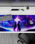 36x16 inches anime mouse pad in neon blue and magenta, dreamy romantic cosmic vibe with glowing notes.