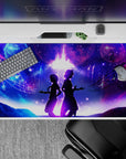 Neon blue and magenta anime desk pad 40x20 inches, dreamy violet cosmos with glowing notes and clouds.