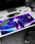 Anime duo scene desk pad 40x20 inches: flowing dress and sharp coat silhouettes back to back, hands open.