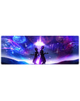 32x12 inches anime mouse pad with back-to-back silhouettes under a violet galaxy and glowing music notes.