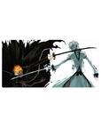 Mouse pad featuring Ichigo Kurosaki, 32x16 inches, battling his Hollow self with black-and-white contrasts for Bleach power.