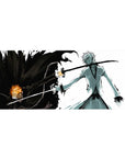 Mouse pad featuring Ichigo Kurosaki, 36x16 inches, battling his Hollow self with sharp blacks and whites for raw intensity.