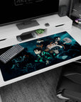 Large Samurai Spirits desk pad, 40x20 inches, featuring Tanjiro and Nezuko in an intense battle scene for anime enthusiasts.