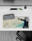 28x12 inches anime mouse pad in cool teal tones with calm, minimalist mood and subtle sketchy background.