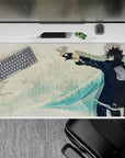 40x20 inches anime desk pad in cool teal tones, calm confident mood, red sleeve emblem accent.