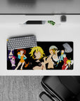 28x12 inches anime mouse pad with vivid orange, teal, red, and violet on a sleek dark, modern design.