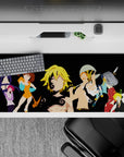 36x16 inches anime desk pad with sleek dark style, minimal shading, and orange, teal, red, violet contrast.