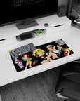 28x12 inches anime mouse pad featuring a spiky blond hero with swirling tattoo marks and crisp weapon silhouettes.