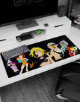 36x16 inches anime desk pad featuring spiky blond hero and swirling tattoo marks with a crew lineup on black.