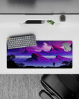 28x12 inches mouse pad with alien landscape design, showcasing jagged purple mountains, shimmering lakes, and vibrant hues for cosmic exploration.