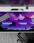 40x20 inches mouse pad with alien landscape design, blending jagged purple mountains and shimmering lakes in vibrant magentas and blues for a cosmic vibe.
