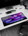 Modern 32x16 inches mouse pad featuring alien landscape design, with jagged mountains, starlit lakes, and vibrant hues for an adventurous, cosmic look.