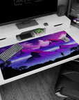 Large 40x20 inches mouse pad featuring alien landscape design, with purple mountains, starlit lakes, and vibrant magentas and blues for an adventurous look.