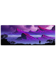 Compact 32x12 inches mouse pad with alien landscape design, showcasing purple mountains and shimmering lakes in vibrant magentas and blues for exploration.