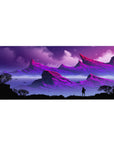 Mouse pad featuring alien landscape design, 36x16 inches, with jagged purple mountains, shimmering lakes, and deep blues for a dreamlike, cosmic atmosphere.