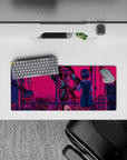 Haunting 28x12 mouse pad featuring Rei Ayanami and a colossal mecha beneath a neon pink sky for deep, emotional design