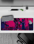 Neon 32x12 mouse pad with Rei Ayanami and a colossal mecha beneath a vibrant pink sky for a hauntingly surreal anime aesthetic