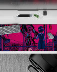 Surreal 36x16 desk pad with Rei Ayanami reaching toward a massive mecha under a vibrant pink sky for a haunting anime vibe