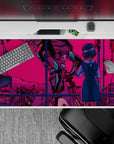 Surreal 40x20 desk pad with Rei Ayanami and a colossal mecha, set against a neon pink sky for a hauntingly emotional anime design