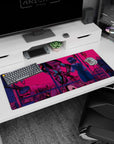Neon 36x16 anime desk mat featuring Rei Ayanami and a mecha under a vibrant pink sky for an emotional, cyberpunk-inspired look