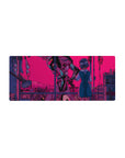 Cyberpunk 28x12 mouse pad with Rei Ayanami reaching toward a colossal mecha under a vibrant pink sky for a powerful, surreal look