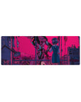 Cyberpunk 32x12 mouse pad featuring Rei Ayanami reaching toward a colossal mecha under a vibrant pink sky for emotional design