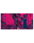 Cyberpunk 32x16 mouse pad with Rei Ayanami reaching toward a colossal mecha under a neon pink sky for surreal anime impact
